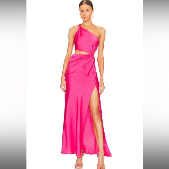 NWT Misha Collection Kristin Hot Pink Satin Cutout Gown Maxi Dress Size 10